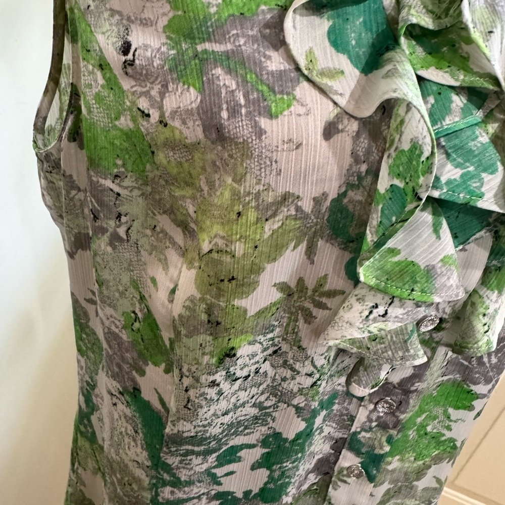 Tahari Green & Gray Ruffled Mandarin Collar sleeveless Blouse size Large - Picture 5 of 12